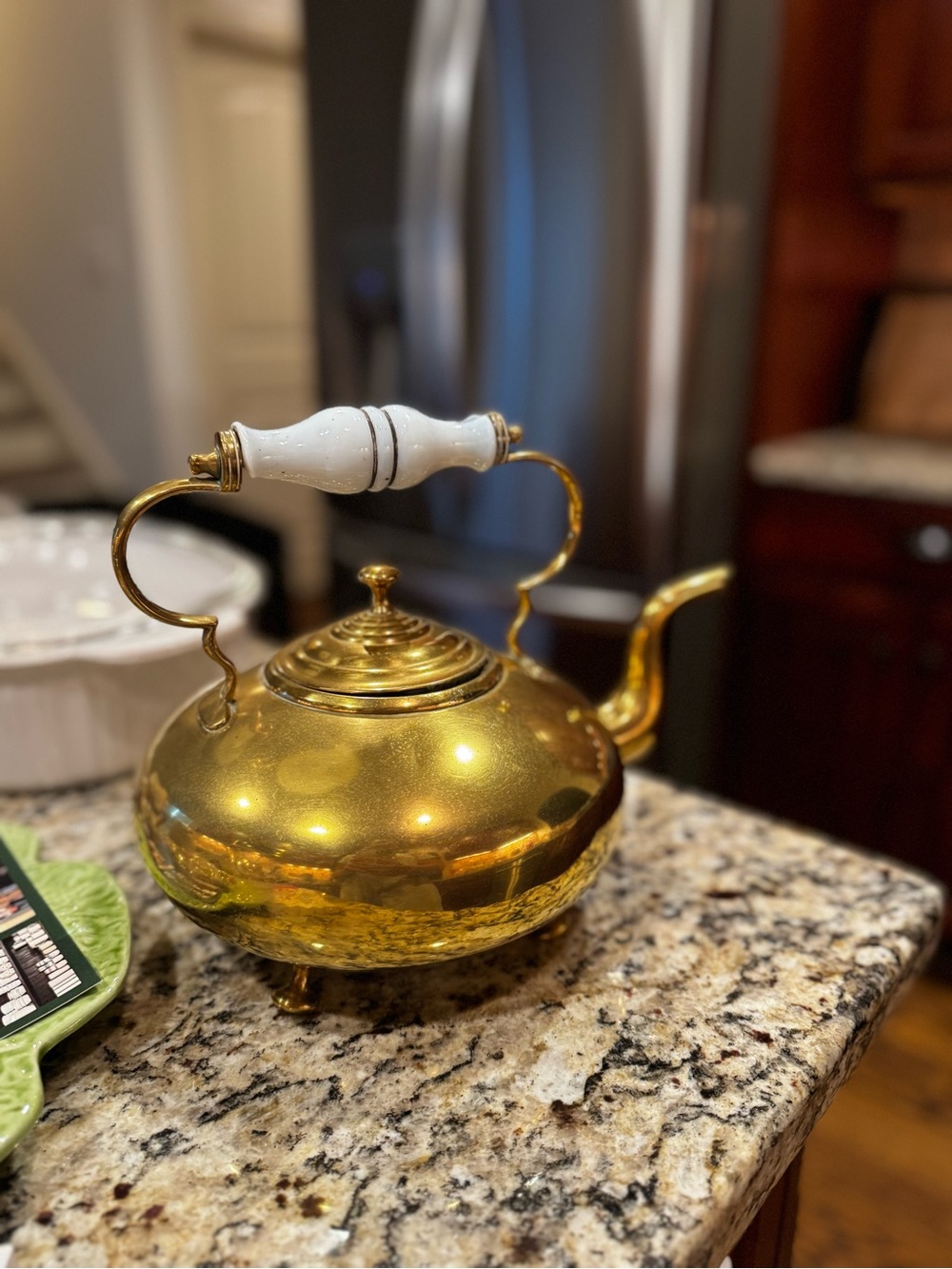 Brass Teapot with White Ceramic Handle - Elegant Kitchen Accent